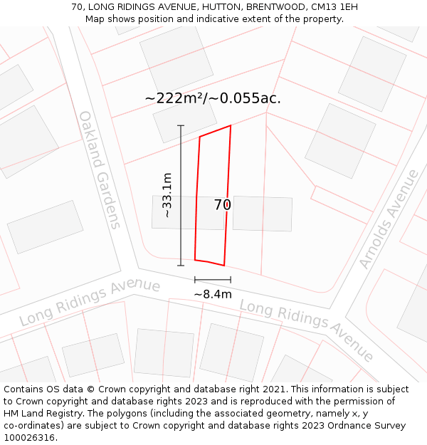 70, LONG RIDINGS AVENUE, HUTTON, BRENTWOOD, CM13 1EH: Plot and title map