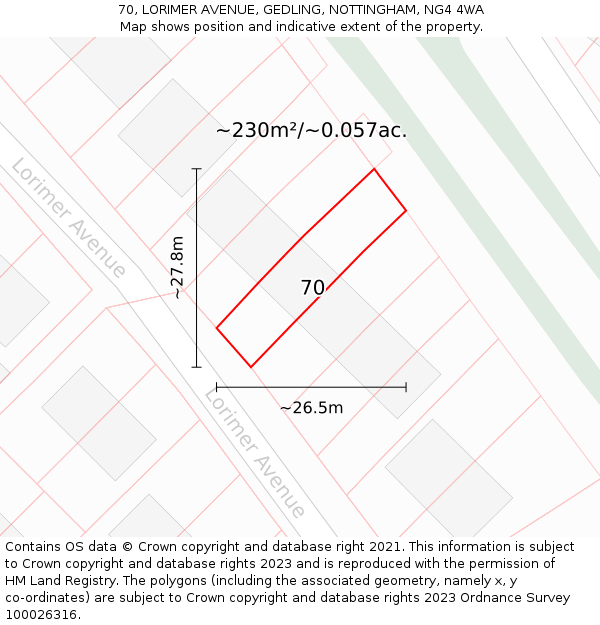 70, LORIMER AVENUE, GEDLING, NOTTINGHAM, NG4 4WA: Plot and title map