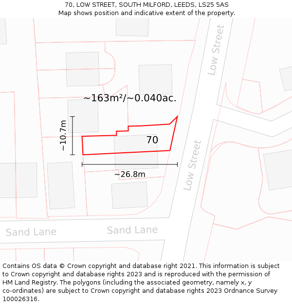 70, LOW STREET, SOUTH MILFORD, LEEDS, LS25 5AS: Plot and title map