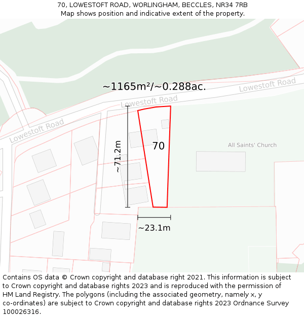 70, LOWESTOFT ROAD, WORLINGHAM, BECCLES, NR34 7RB: Plot and title map