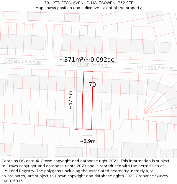 70, LYTTLETON AVENUE, HALESOWEN, B62 9EB: Plot and title map