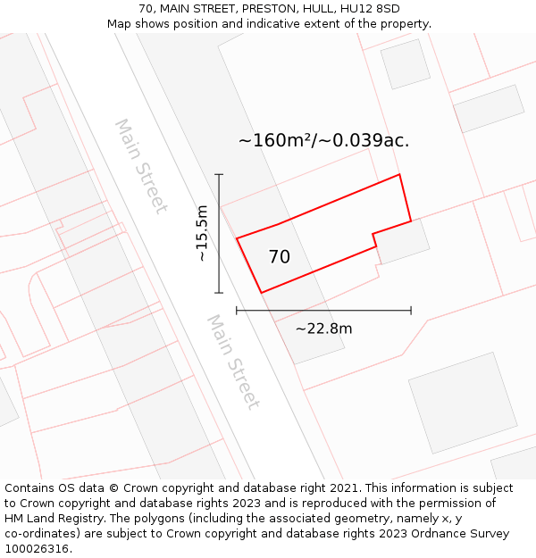 70, MAIN STREET, PRESTON, HULL, HU12 8SD: Plot and title map