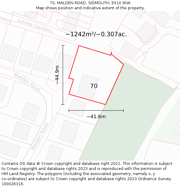 70, MALDEN ROAD, SIDMOUTH, EX10 9NA: Plot and title map