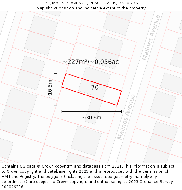 70, MALINES AVENUE, PEACEHAVEN, BN10 7RS: Plot and title map