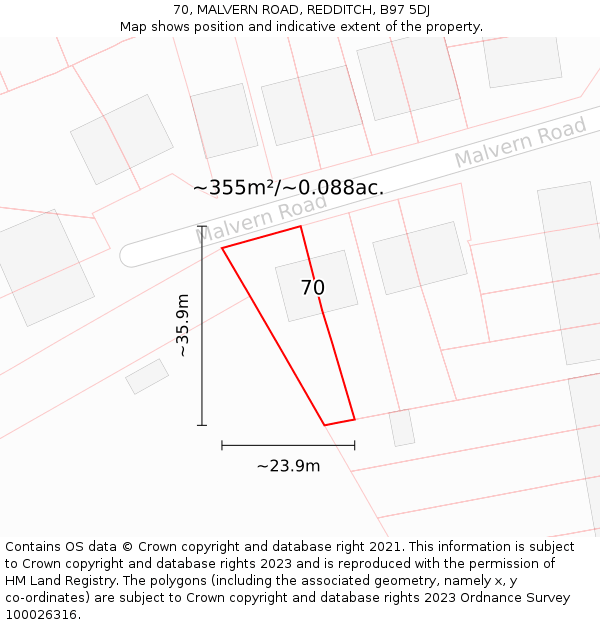 70, MALVERN ROAD, REDDITCH, B97 5DJ: Plot and title map