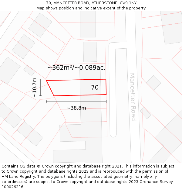 70, MANCETTER ROAD, ATHERSTONE, CV9 1NY: Plot and title map