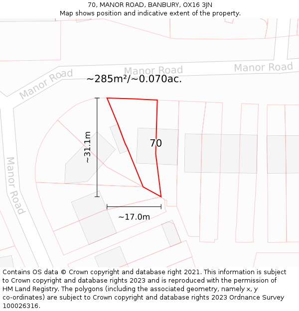 70, MANOR ROAD, BANBURY, OX16 3JN: Plot and title map