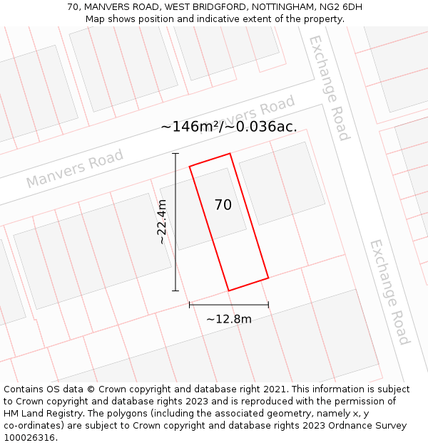 70, MANVERS ROAD, WEST BRIDGFORD, NOTTINGHAM, NG2 6DH: Plot and title map