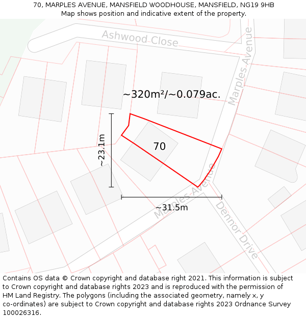 70, MARPLES AVENUE, MANSFIELD WOODHOUSE, MANSFIELD, NG19 9HB: Plot and title map