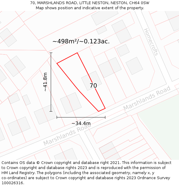 70, MARSHLANDS ROAD, LITTLE NESTON, NESTON, CH64 0SW: Plot and title map