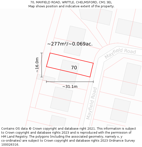 70, MAYFIELD ROAD, WRITTLE, CHELMSFORD, CM1 3EL: Plot and title map