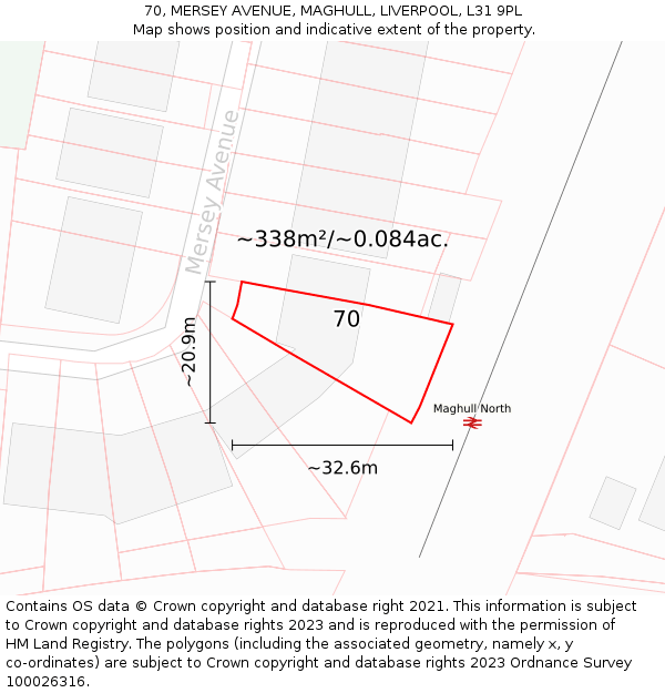 70, MERSEY AVENUE, MAGHULL, LIVERPOOL, L31 9PL: Plot and title map