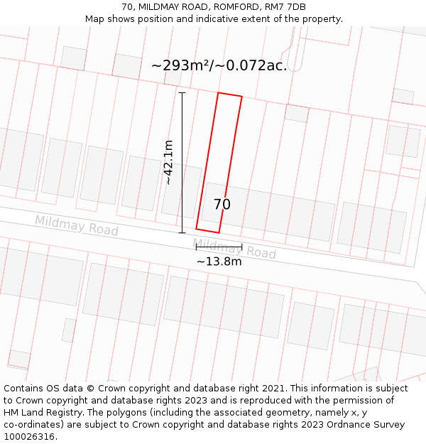 70, MILDMAY ROAD, ROMFORD, RM7 7DB: Plot and title map