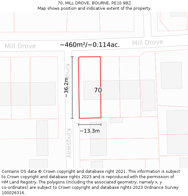 70, MILL DROVE, BOURNE, PE10 9BZ: Plot and title map