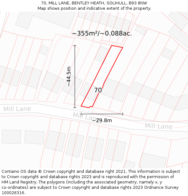 70, MILL LANE, BENTLEY HEATH, SOLIHULL, B93 8NW: Plot and title map