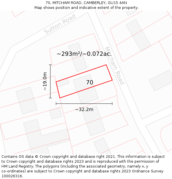 70, MITCHAM ROAD, CAMBERLEY, GU15 4AN: Plot and title map