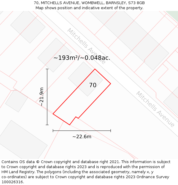 70, MITCHELLS AVENUE, WOMBWELL, BARNSLEY, S73 8GB: Plot and title map