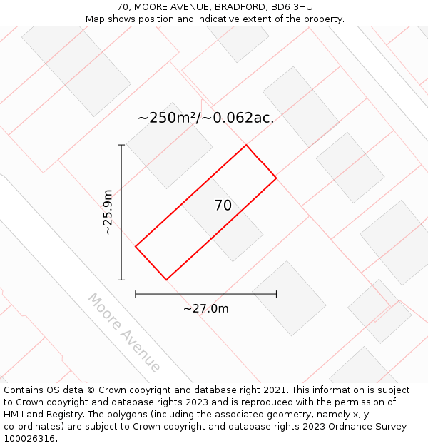 70, MOORE AVENUE, BRADFORD, BD6 3HU: Plot and title map