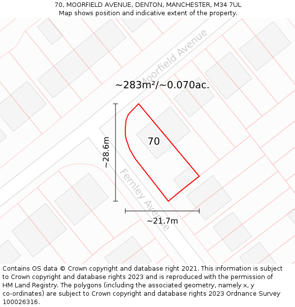 70, MOORFIELD AVENUE, DENTON, MANCHESTER, M34 7UL: Plot and title map