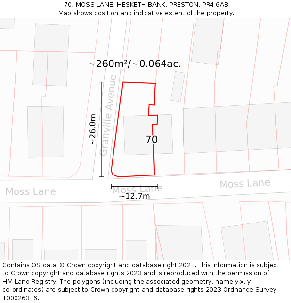 70, MOSS LANE, HESKETH BANK, PRESTON, PR4 6AB: Plot and title map