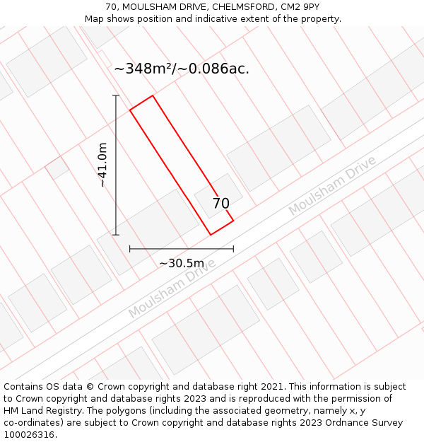 70, MOULSHAM DRIVE, CHELMSFORD, CM2 9PY: Plot and title map