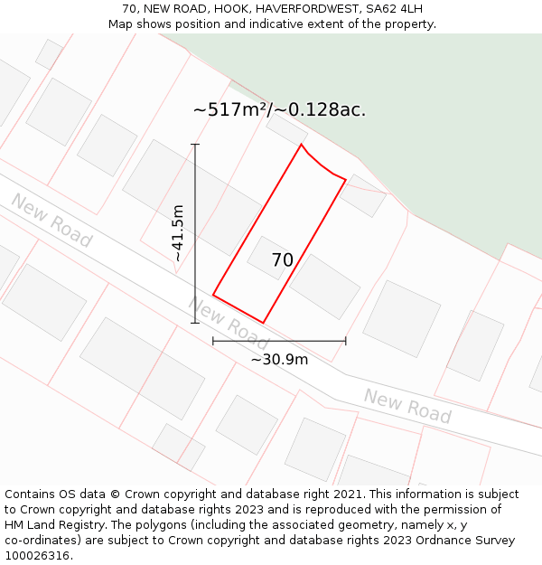 70, NEW ROAD, HOOK, HAVERFORDWEST, SA62 4LH: Plot and title map