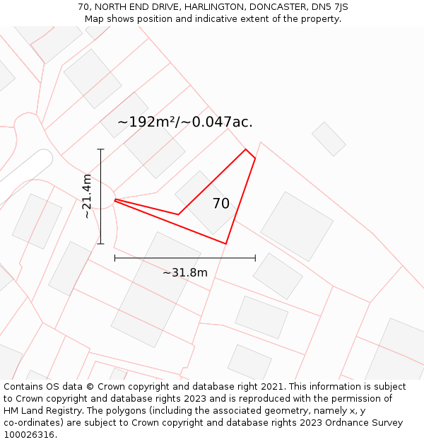 70, NORTH END DRIVE, HARLINGTON, DONCASTER, DN5 7JS: Plot and title map