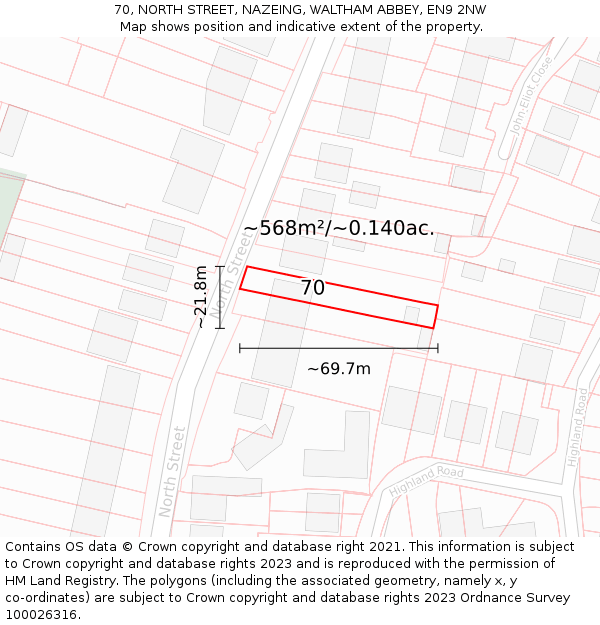 70, NORTH STREET, NAZEING, WALTHAM ABBEY, EN9 2NW: Plot and title map