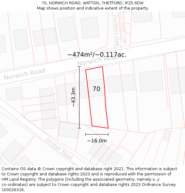 70, NORWICH ROAD, WATTON, THETFORD, IP25 6DW: Plot and title map