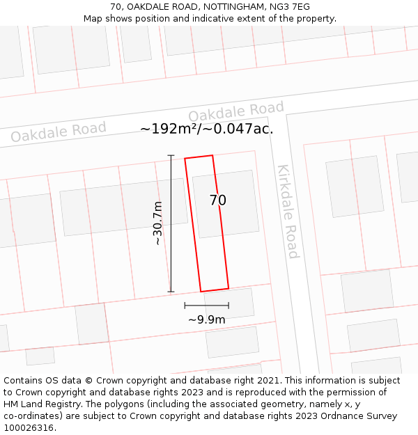 70, OAKDALE ROAD, NOTTINGHAM, NG3 7EG: Plot and title map