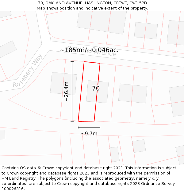 70, OAKLAND AVENUE, HASLINGTON, CREWE, CW1 5PB: Plot and title map