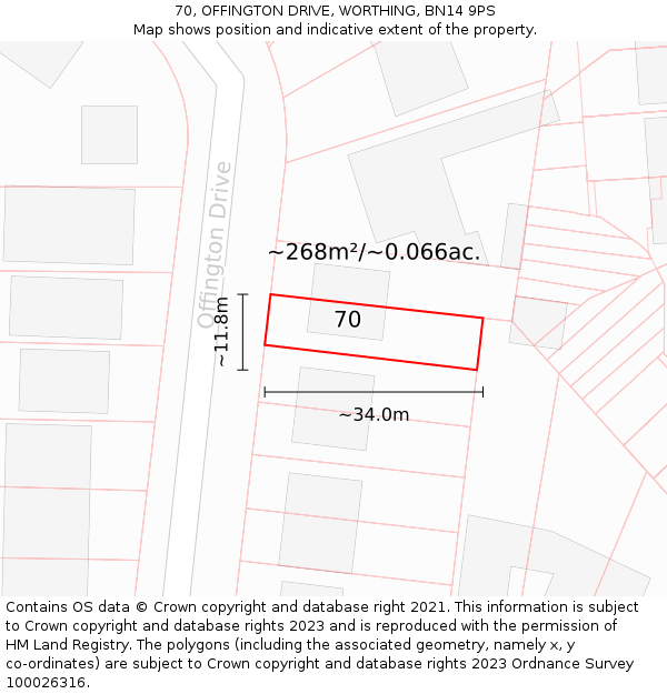 70, OFFINGTON DRIVE, WORTHING, BN14 9PS: Plot and title map