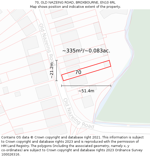 70, OLD NAZEING ROAD, BROXBOURNE, EN10 6RL: Plot and title map