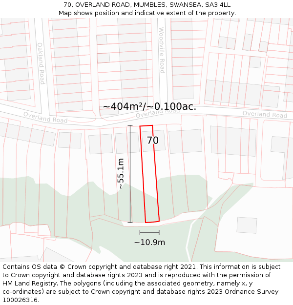 70, OVERLAND ROAD, MUMBLES, SWANSEA, SA3 4LL: Plot and title map