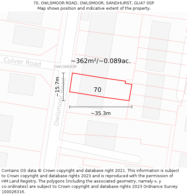 70, OWLSMOOR ROAD, OWLSMOOR, SANDHURST, GU47 0SP: Plot and title map