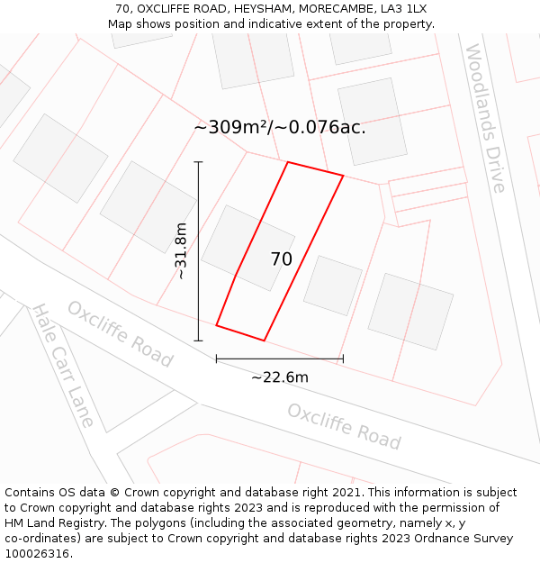 70, OXCLIFFE ROAD, HEYSHAM, MORECAMBE, LA3 1LX: Plot and title map