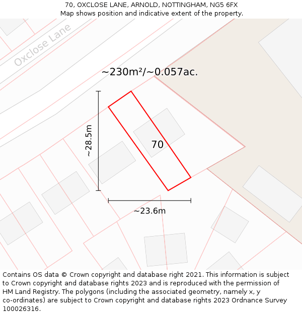 70, OXCLOSE LANE, ARNOLD, NOTTINGHAM, NG5 6FX: Plot and title map