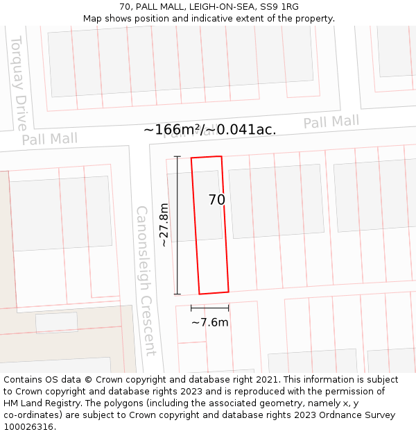 70, PALL MALL, LEIGH-ON-SEA, SS9 1RG: Plot and title map