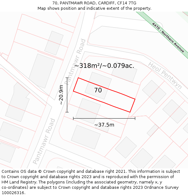 70, PANTMAWR ROAD, CARDIFF, CF14 7TG: Plot and title map