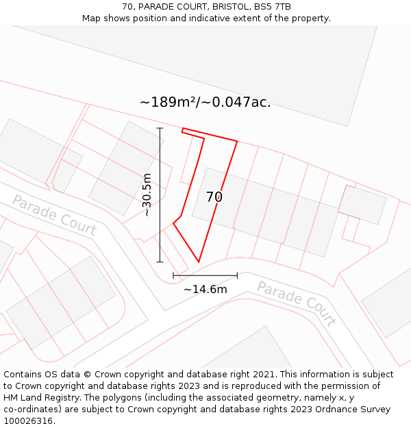 70, PARADE COURT, BRISTOL, BS5 7TB: Plot and title map