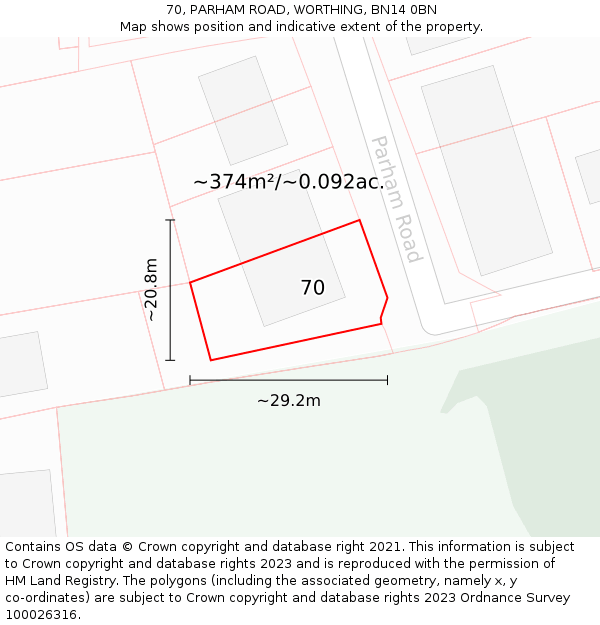 70, PARHAM ROAD, WORTHING, BN14 0BN: Plot and title map