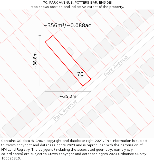 70, PARK AVENUE, POTTERS BAR, EN6 5EJ: Plot and title map