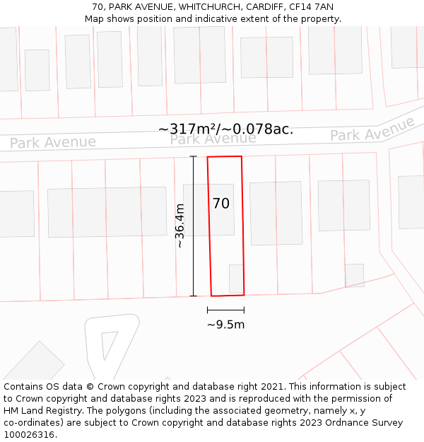 70, PARK AVENUE, WHITCHURCH, CARDIFF, CF14 7AN: Plot and title map