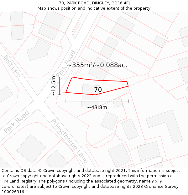 70, PARK ROAD, BINGLEY, BD16 4EJ: Plot and title map