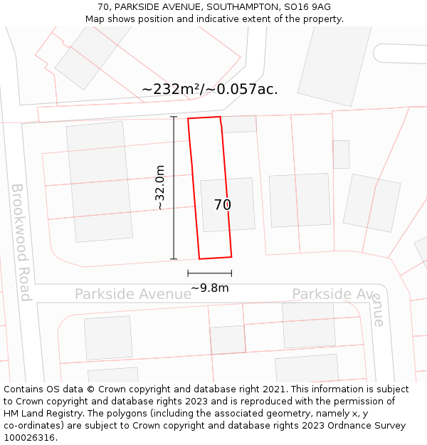 70, PARKSIDE AVENUE, SOUTHAMPTON, SO16 9AG: Plot and title map