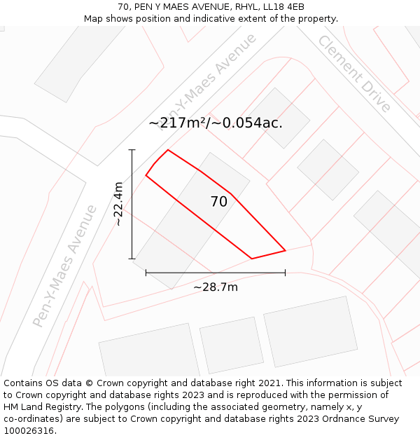 70, PEN Y MAES AVENUE, RHYL, LL18 4EB: Plot and title map