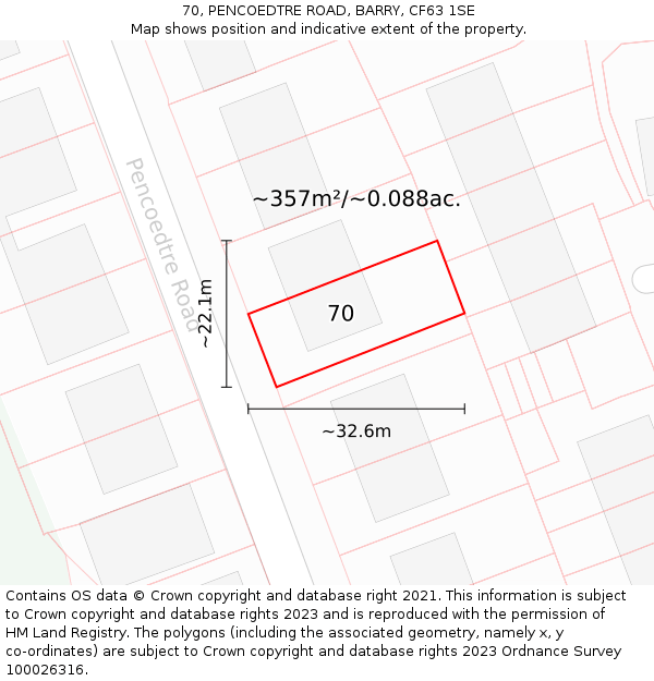 70, PENCOEDTRE ROAD, BARRY, CF63 1SE: Plot and title map