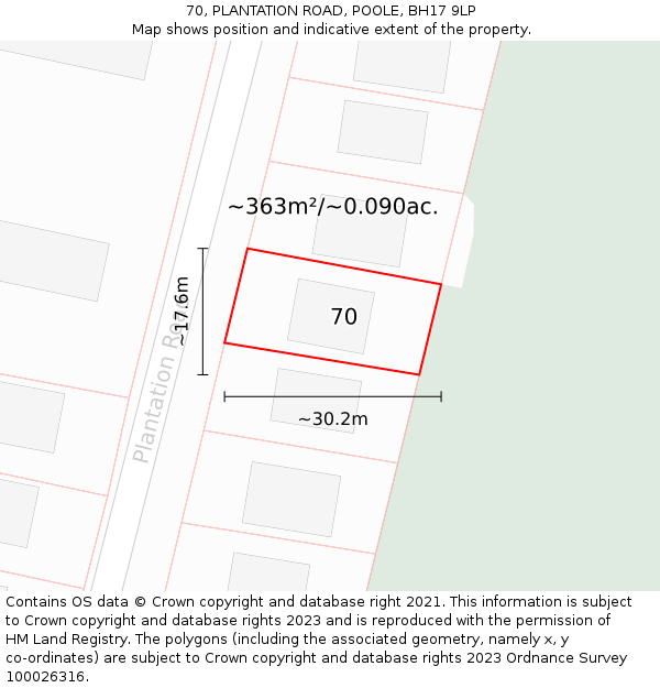 70, PLANTATION ROAD, POOLE, BH17 9LP: Plot and title map