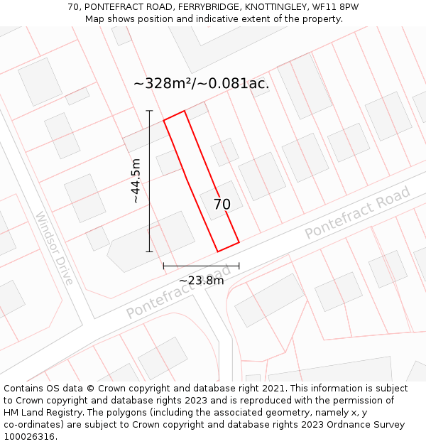 70, PONTEFRACT ROAD, FERRYBRIDGE, KNOTTINGLEY, WF11 8PW: Plot and title map