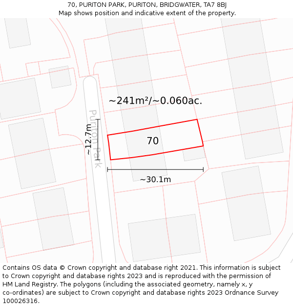 70, PURITON PARK, PURITON, BRIDGWATER, TA7 8BJ: Plot and title map